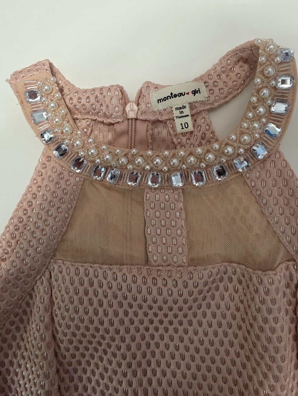 Monteau Girl Sleeveless Pink With Pearls & Rhinestones Accent Collar Sz 10 - Picture 4 of 5